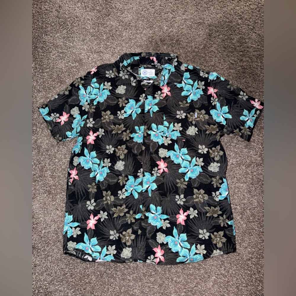 Hurley Black Floral Shirt with Blue and Pink Accents